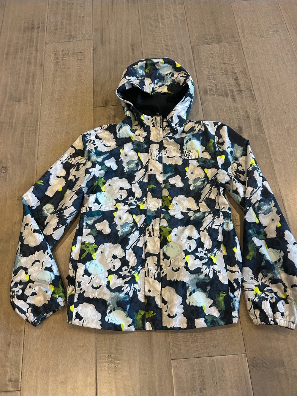 The North Face Kids Floral Hooded Rain Jacket - Black/White/Green/Yellow